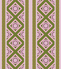 Multicolored striped wallpaper with a patterns of various mosaic shapes. Design of carpets, linoleum, blankets, fabrics, curtains, packaging. Borders seamless pattern for home decor.