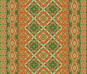 Multicolored striped borders seamless texture with patterns of various mosaic shapes. Design for wallpapers, carpets, linoleum, blankets, fabrics, curtains, packaging and other home decor.