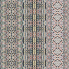 Multicolored striped borders seamless texture with patterns of various mosaic shapes. Design for wallpapers, carpets, linoleum, blankets, fabrics, curtains, packaging and other home decor.