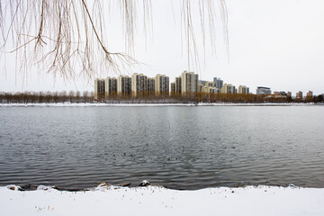 Obraz premium Snow scenery along the river in city Park in winter