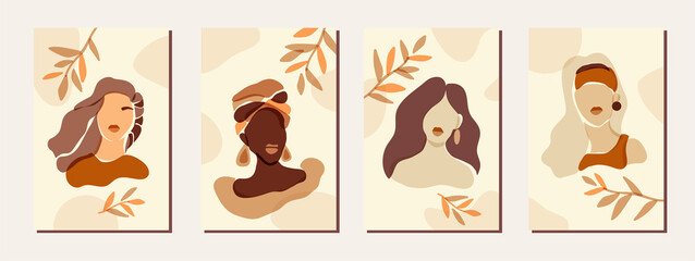 Vector female portrait posters wall art home decor. Boho aesthetics set. Minimalist female faces. Paper cut style diverse skin tones and hairstyle feminine bohemian women in soft brown neutral colors
