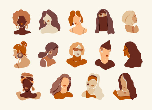 Vector women portraits set. Minimal aesthetic female avatars for social media networks. Flat style neutral colors diverse women faces collection. Different skin tones and hairstyle cartoon web icons