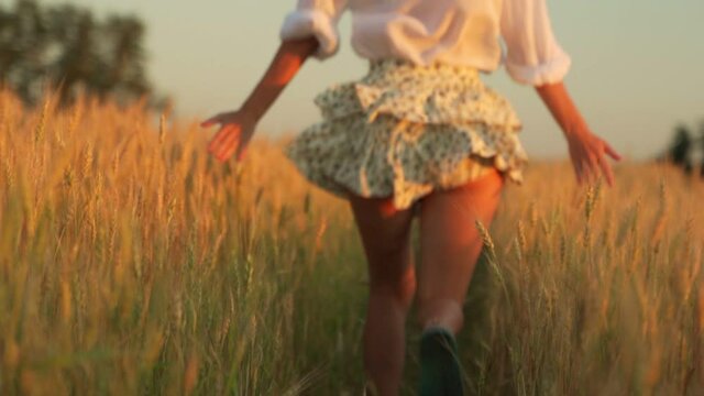 Beautiful young woman at sunset runs through a wheat field, jumps and raises her hands up