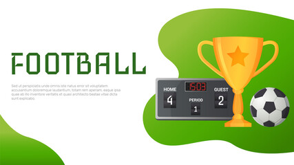 Gold cup near football ball poster of sport game competition, championship cup banner template. Football stadium, prize medal on ribbon with soccer ball and banner with sporting event announcement