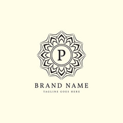abstract round luxury letter P logo design for elegant fashion brand, beauty care, yoga class, hotel, resort, jewelry