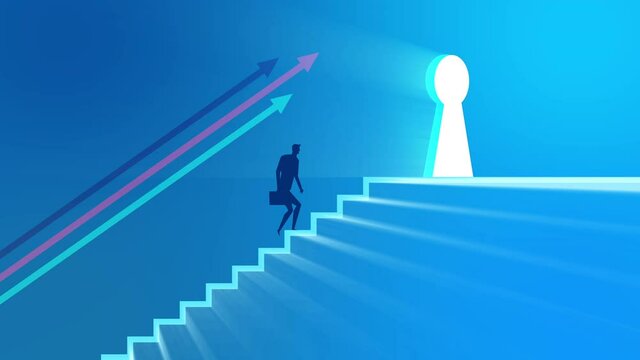 Businessman with suitcase climbing the stairs of success following the arrow. Concept for successful business Growth, professional growth, achievements. Walk Up The Stairs, Career ladder, HD 4K