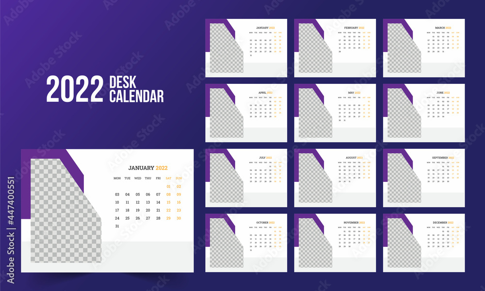 Wall mural Calendar 2022 planner corporate template design set. Week starts on Monday. template for annual calendar 2022