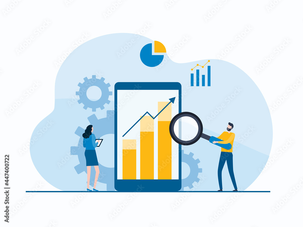 Aufkleber business people analytics and monitoring report dashboard on mobile phone monitor concept and vector illustration design for web landing banner background