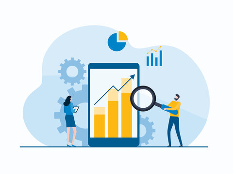 business people analytics and monitoring report dashboard on mobile phone monitor concept and vector illustration design for web landing banner background