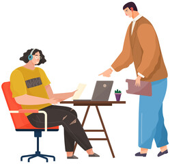 Colleagues are communicating. People discussing working questions. Employees during work. Men have dialogue, talk, relax in studio. Communication, conversation at workplace business manager meeting