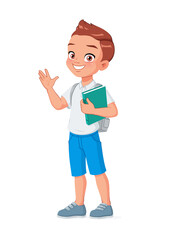 Happy school boy greeting. Cartoon vector illustration.