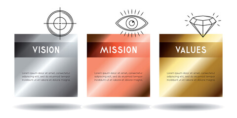 Mission, vision, values concept - three icons - vector illustration