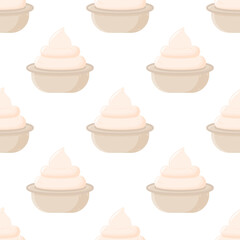 Seamless pattern mayonnaise in small round bowl. Tasty creamy dressing for food product design.