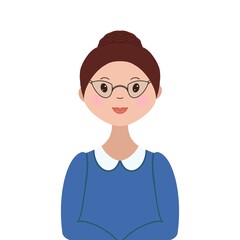 A cartoon stylized portrait of a waist-high woman wearing glasses on a white background, an employee or housewife, a freelancer or an office worker. For Guides, Presentations, Advertising, Checklist