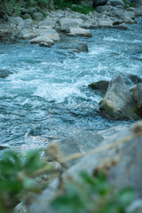 A river with stones and large trees with remote cabins and green areas within a free field. Cloudy weather and an atmosphere of peace and calm.