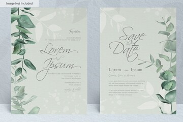 greenery wedding invitation card set template with hand drawn eucalyptus foliage