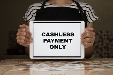 A restaurant information on tablet. Delivery, cashless and take away only. 