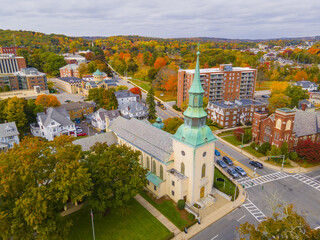 Trinity Lutheran Church at 73 Lancaster Street in historic downtown of Worcester, Massachusetts MA, USA. 