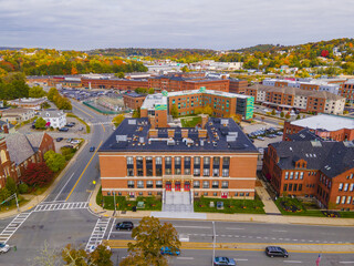 Historic building and landscape aerial view at 60 Salisbury Street in downtown of Worcester, Massachusetts MA, USA. 