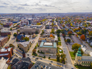 Worcester Art Museum aerial view at 55 Salisbury Street in historic downtown Worcester in Massachusetts MA, USA. 