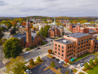 United Congregational church aerial view at 6 Institute Road with fall foliage in city of Worcester, Massachusetts MA, USA. 