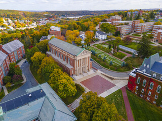 Aerial view of St. Joseph's Chapel in College of the Holy Cross with fall foliage in city of...