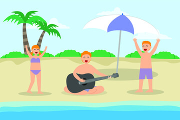 Quality time vector concept: Young father and little children sing a song in the beach together while enjoying quality time 