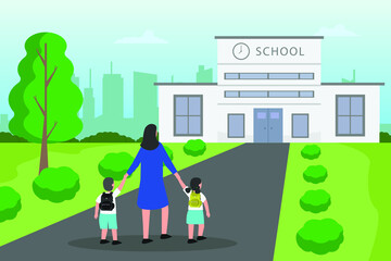 Parenthood vector concept: Young mother accompanies her children to the school while walking together 