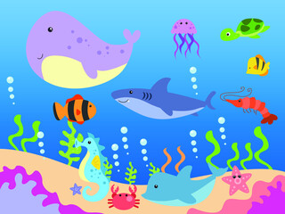 Obraz na płótnie Canvas Sea animals cartoon character in blue ocean, vector illustration