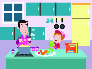 Cooking Noodles vector concept. Happy little boy cartoon character and his father cooking noodles together in the kitchen at home