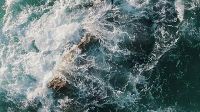 Rough Sea Waves Over Outcrops At Capitolo Beach, Monopoli, Puglia Region, Italy. - Topdown Shot