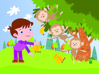 Obraz na płótnie Canvas Happy little boy cartoon character giving banana to monkey at the park