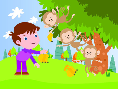 Happy little boy cartoon character giving banana to monkey at the park