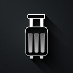 Silver Suitcase for travel icon isolated on black background. Traveling baggage sign. Travel luggage icon. Long shadow style. Vector