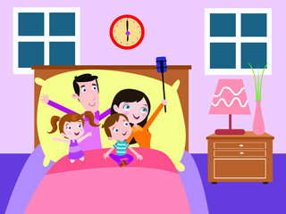 Happy family cartoon character taking selfie photo together in the bedroom at home