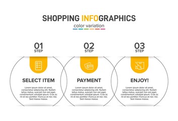 Concept of shopping process with 3 successive steps. Three colorful graphic elements. Timeline design for brochure, presentation, web site. Infographic design layout.