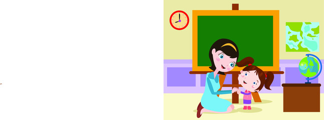 Female elementary school student cartoon character and her teacher in the classroom