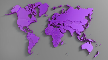 World map. Purple color continents.  3d rendering