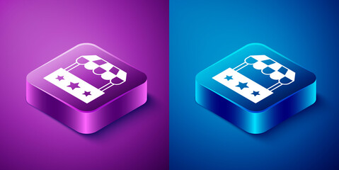 Isometric Ticket box office icon isolated on blue and purple background. Ticket booth for the sale of tickets for attractions and sports. Square button. Vector