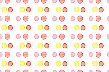 Stylish watercolor seamless pattern with yellow and red dots. Hand-drawn summer elements for children's textiles, fabric, wallpaper, stationery, posters, prints, invitations, cards.