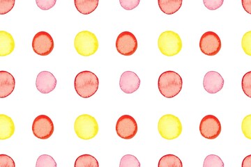 Stylish watercolor seamless pattern with yellow and red dots. Hand-drawn summer elements for children's textiles, fabric, wallpaper, stationery, posters, prints, invitations, cards.