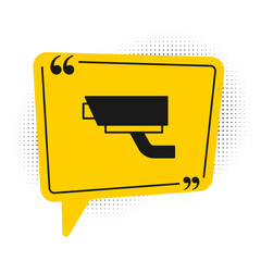 Black Security camera icon isolated on white background. Yellow speech bubble symbol. Vector