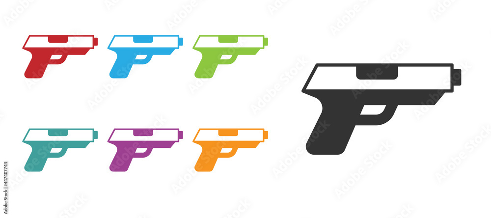 Sticker Black Pistol or gun icon isolated on white background. Police or military handgun. Small firearm. Set icons colorful. Vector