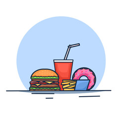 Junk food trendy contour illustration. A glass of sweet soda, a hamburger, fries and a donut. Vector cartoon modern outline illustration of unhealthy takeaway food