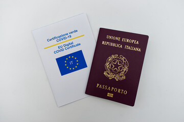Italian European Passport and EU digital Covid-19 Certificate. Safe travelling Concept