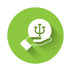 White Psychology icon isolated with long shadow background. Psi symbol. Mental health concept, psychoanalysis analysis and psychotherapy. Green circle button. Vector
