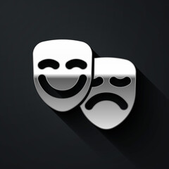 Silver Comedy and tragedy theatrical masks icon isolated on black background. Long shadow style. Vector