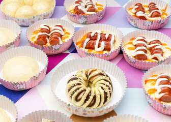Cute bread on multicolor background.