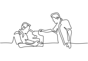 One continuous line drawing of two male scientist woman looking through microscope in laboratory. Professional researcher doing experiment isolated on white background. Vector illustration