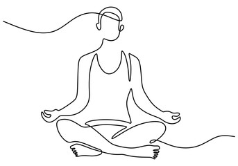 Woman doing yoga exercise in continuous one line drawing. Young lady sitting cross legged meditating in Lotus pose. Relaxing and calming concept. Vector illustration minimalism style
